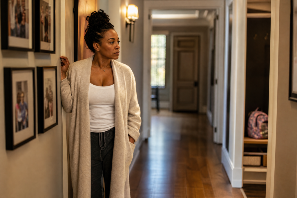 Woman standing thoughtfully in a home hallway near family photos