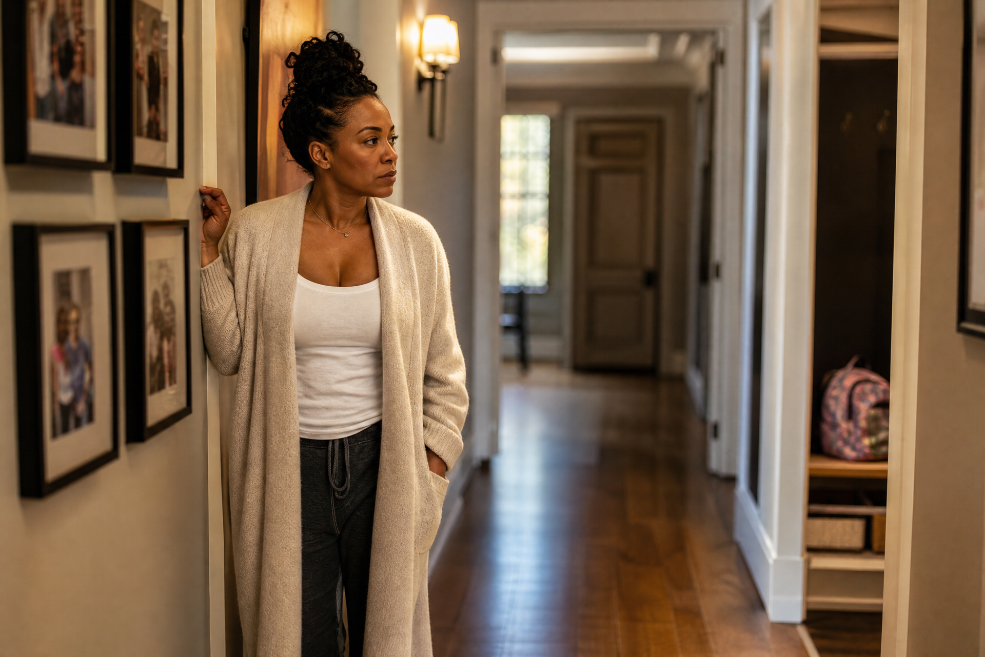 Woman standing thoughtfully in a home hallway near family photos