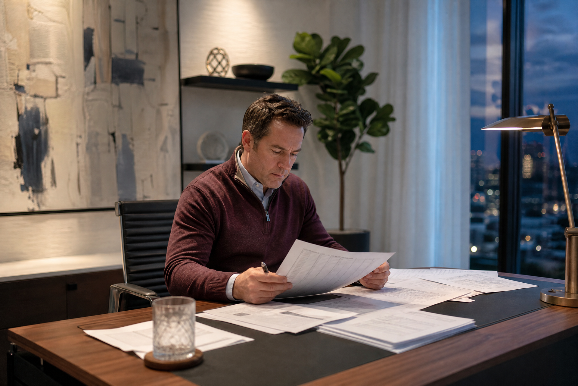 Man reviewing financial paperwork at a desk in a home office at night