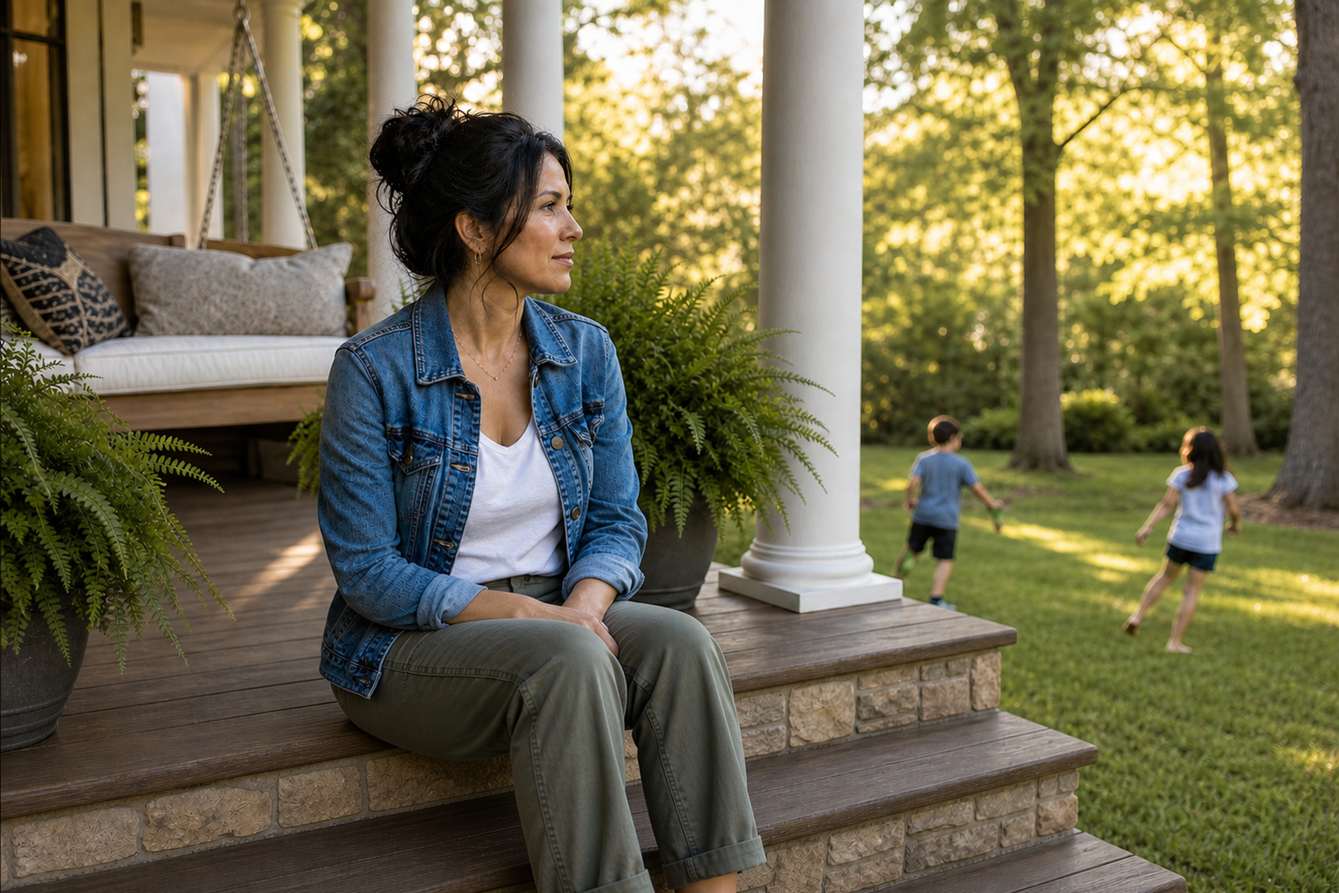 Woman sitting on porch steps while children play in the yard