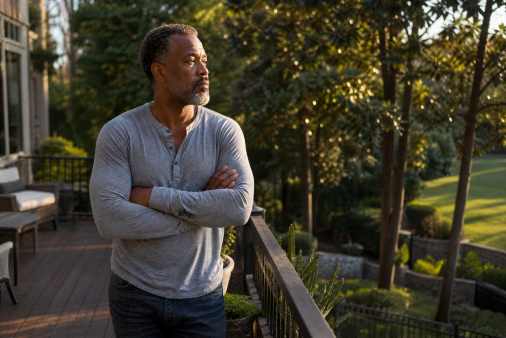 Man standing on a balcony overlooking a landscaped yard while reflecting